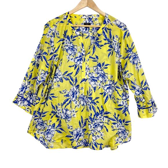 Talbots Blue Yellow Floral Artsy V-Neck 3/4 Sleeve Lightweight Boho Top Women 2X - Picture 1 of 10